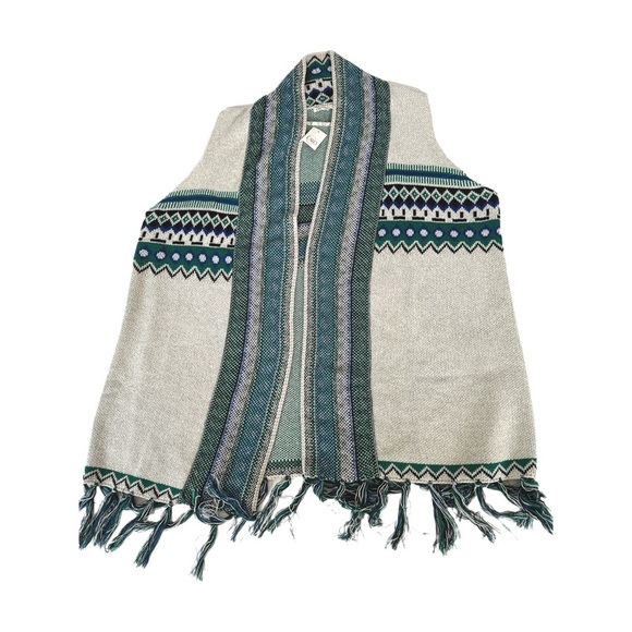 Cato Sleeveless Long Open Cardigan Sweater Fringe Blue Green White Womens 26/28W - Picture 1 of 6